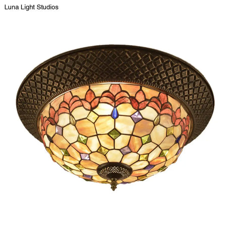 Bronze Cap Flush Mount Light With Tiffany Led Shell And Trellis Pattern