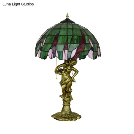 Bronze Lady Table Light: Tiffany Resin Night Lamp With Jewel-Embellished Shade