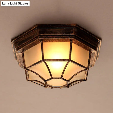 Bronze Lodge Flush Mount Ceiling Light With Frosted Glass & Cage - 1 Octagonal Fixture
