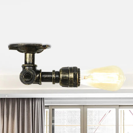 Bronze Rustic Water Pipe Semi Flushmount Ceiling Fixture - 1 - Head Metallic Mount / C