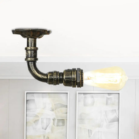 Bronze Rustic Water Pipe Semi Flushmount Ceiling Fixture - 1 - Head Metallic Mount / D