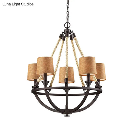 Bronze Semi-Circle Cage Pendant Chandelier - 5 Lights Country Metal Fabric Shade