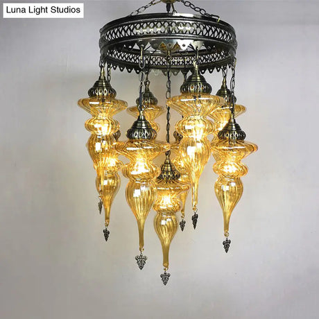 Bronze Traditional Curved Chandelier With Colorful Glass - 9 Bulb Suspension Light