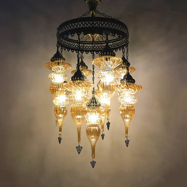 Bronze Traditional Curved Chandelier With Colorful Glass - 9 Bulb Suspension Light