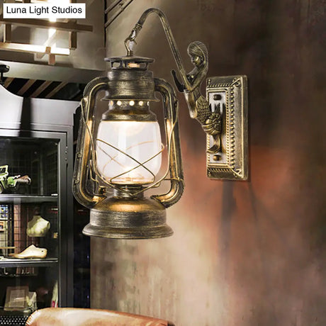 Bronze Vintage Wall Light Fixture: Shaded Iron Kerosene Lantern For Corridor