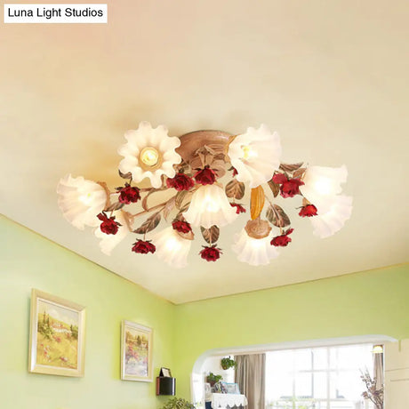 Brown 4/7/9 - Bulb Semi Flush Mount Pastoral Frosted Glass Ceiling Light With Red Flower Design