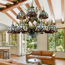 Brown Mermaid Design Chandelier Pendant Lamp With Tiffany Cut Glass Dome For Living Room - 15 Lights