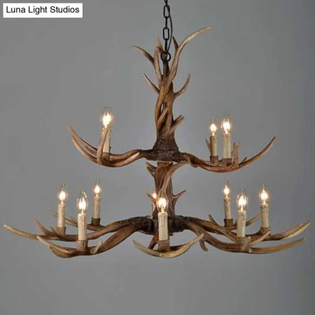 Brown Resin Chandelier Light Fixture - Traditional Antler Ceiling Lighting For Living Room