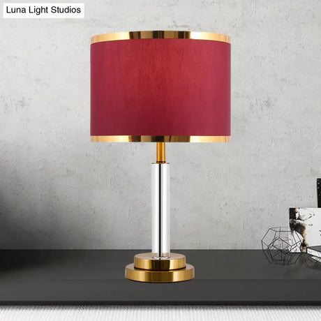 Burgundy/Beige Crystal Table Lamp With Traditional Fabric Shade - Elegant Circular Design