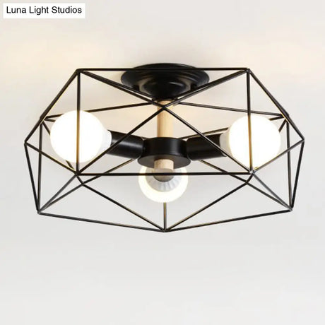 Caged Opal Glass Semi Mount Industrial Ceiling Light In Black/White - 3/4/5 Bulb Living Room