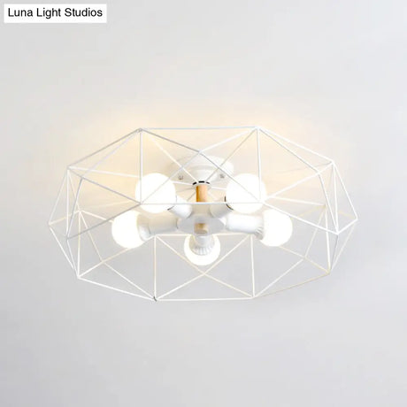 Caged Opal Glass Semi Mount Industrial Ceiling Light In Black/White - 3/4/5 Bulb Living Room
