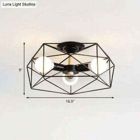 Caged Opal Glass Semi Mount Industrial Ceiling Light In Black/White - 3/4/5 Bulb Living Room
