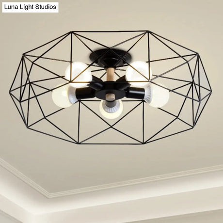 Caged Opal Glass Semi Mount Industrial Ceiling Light In Black/White - 3/4/5 Bulb Living Room