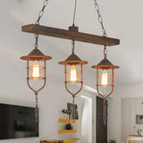 Caged Rustic Metal Pendant Light Fixture With Wooden Beam - 3 Lights Hanging Lamp Kit Rust