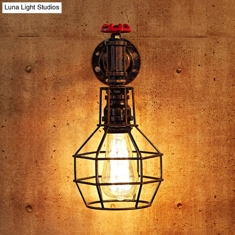Caged Vintage Corridor Wall Sconce With Valve Deco And 1 Light In Black/Bronze