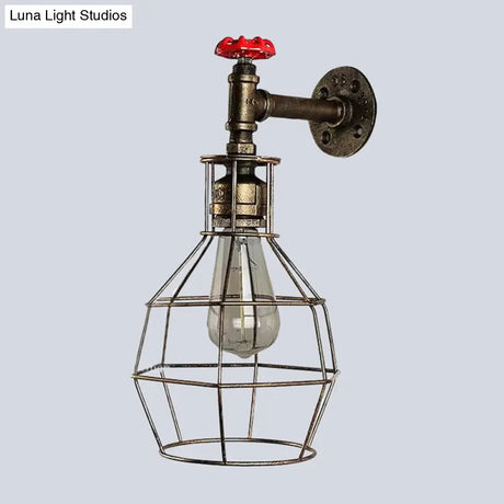 Caged Vintage Corridor Wall Sconce With Valve Deco And 1 Light In Black/Bronze