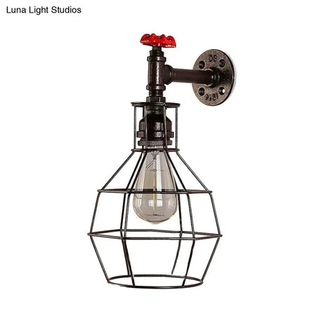 Caged Vintage Corridor Wall Sconce With Valve Deco And 1 Light In Black/Bronze