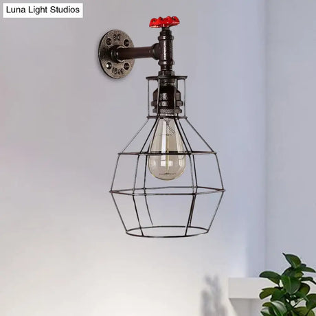 Caged Vintage Corridor Wall Sconce With Valve Deco And 1 Light In Black/Bronze