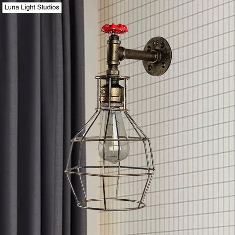Caged Vintage Corridor Wall Sconce With Valve Deco And 1 Light In Black/Bronze