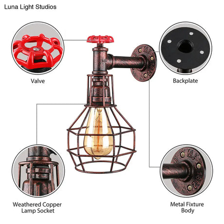 Caged Vintage Corridor Wall Sconce With Valve Deco And 1 Light In Black/Bronze