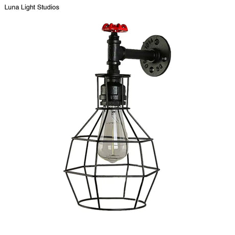 Caged Vintage Corridor Wall Sconce With Valve Deco And 1 Light In Black/Bronze
