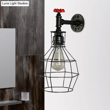 Caged Vintage Corridor Wall Sconce With Valve Deco And 1 Light In Black/Bronze