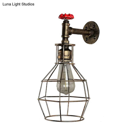 Caged Vintage Corridor Wall Sconce With Valve Deco And 1 Light In Black/Bronze