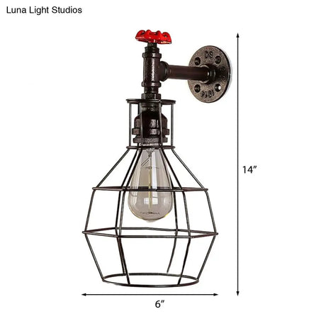 Caged Vintage Corridor Wall Sconce With Valve Deco And 1 Light In Black/Bronze