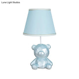 Cartoon Bear Barrel Fabric Table Light - White/Blue Night Lamp With Resin Base