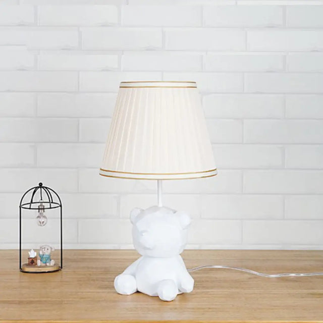 Cartoon Bear Barrel Fabric Table Light - White/Blue Night Lamp With Resin Base White