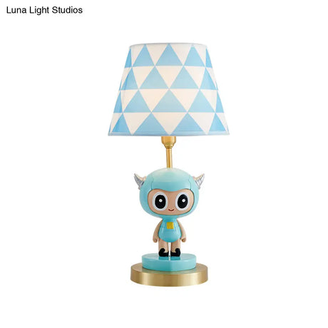 Cartoon Cow Boy Night Lamp With Triangle Print Shade In Pink/Blue - Resin Table Lighting