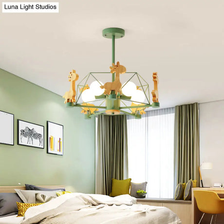 Cartoon Giraffe Kindergarten Ceiling Light: Wooden Hanging Chandelier With Wire Cage