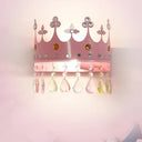 Cartoon Iron Led Pink/Gold Crown Sconce Light Fixture With Crystal Drop Deco Pink