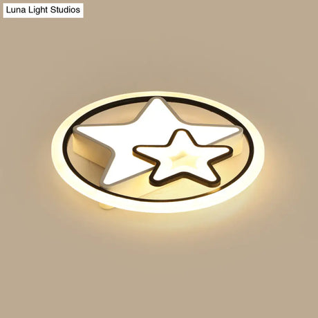 Cartoon Led Kids Ceiling Lamp In Black Metal Round Flush Mount Fixture