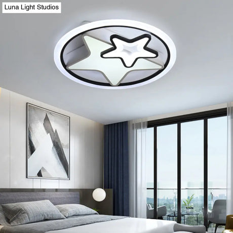 Cartoon Led Kids Ceiling Lamp In Black Metal Round Flush Mount Fixture