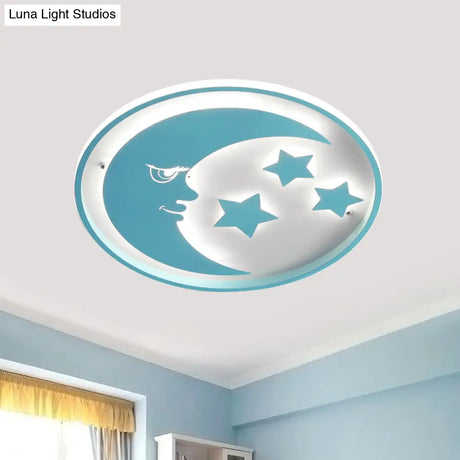 Cartoon Moon And Star Led Flush Lighting For Bedrooms In White/Pink/Blue