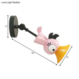 Cartoon Pink Bird Led Sconce: Metal Wall-Mounted Lamp For Girls Room