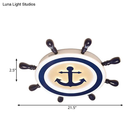 Cartoon Style Blue Round Led Flush Mount Light Fixture With Wood And Acrylic Accents Rudder Design