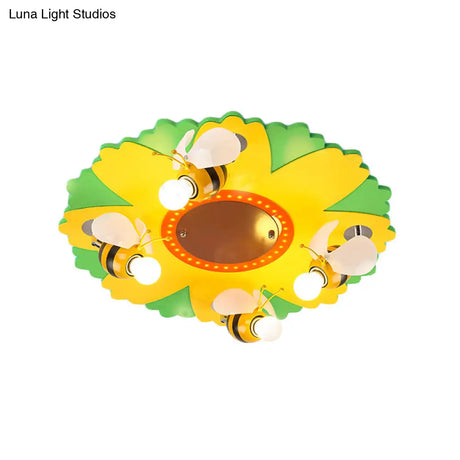 Cartoon Sunflower Ceiling Light With Bee Metal - 4 Bulbs Yellow Bedroom Lamp
