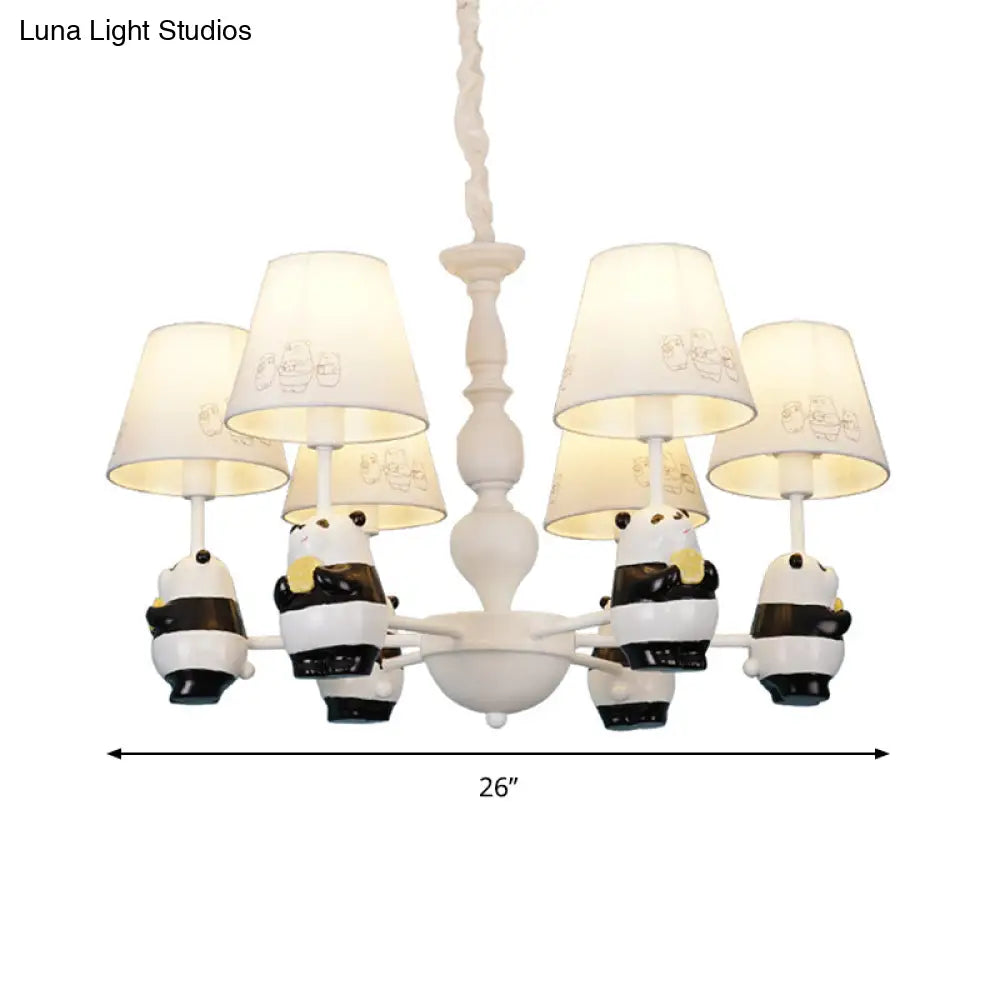 Cartoon Tapered Shade Hanging Lights - 6-Light Fabric Chandelier In White For Living Room