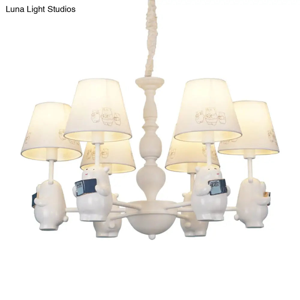 Cartoon Tapered Shade Hanging Lights - 6-Light Fabric Chandelier In White For Living Room