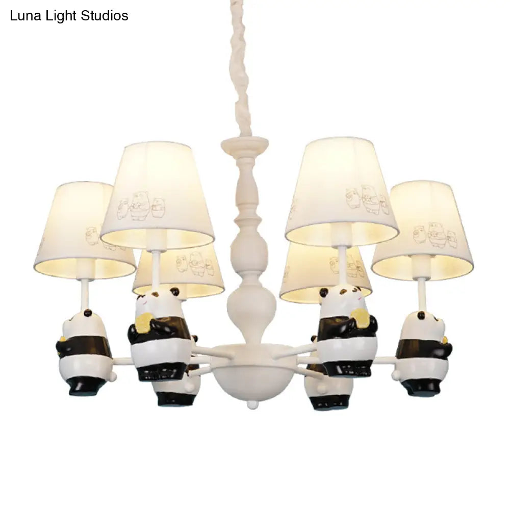 Cartoon Tapered Shade Hanging Lights - 6-Light Fabric Chandelier In White For Living Room