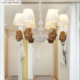 Cartoon Tapered Shade Hanging Lights - 6-Light Fabric Chandelier In White For Living Room