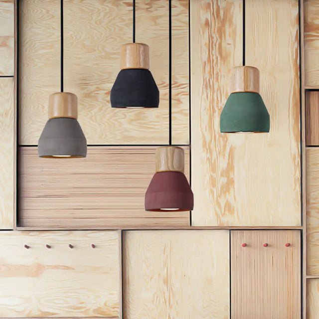 Cement Bottle Small Hanging Lamp Macaron Single Red/Grey/Green Ceiling Pendant Light With Wood Top