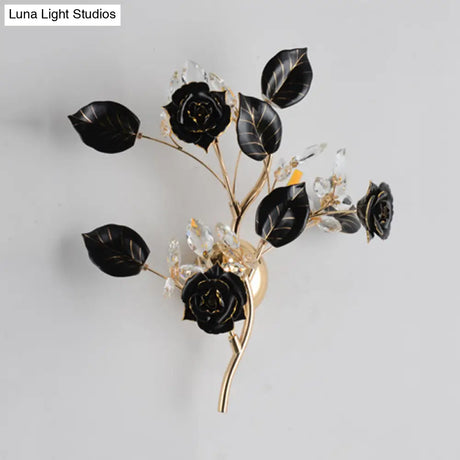 Ceramic And Crystal Branch Wall Lamp With 3 Bulbs Rose/Leaf Design In Black/White For Bedroom Sconce