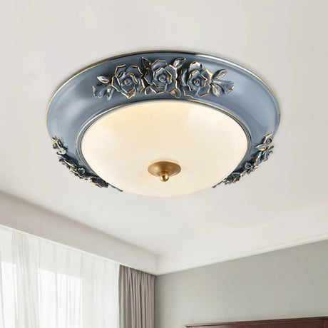 Ceramic Carved Rose Led Ceiling Lamp In Blue With White Glass Shade - Available 12’/14’/18’