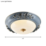 Ceramic Carved Rose Led Ceiling Lamp In Blue With White Glass Shade - Available 12’/14’/18’