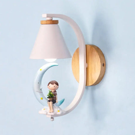 Child & Moon Coolie Wall Light - Cartoon Resin Sconce For Nursing Room Blue