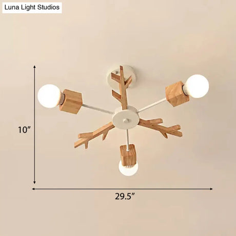 Childrens Beige Wood Snowflake Chandelier With Bare Bulb For Living Room