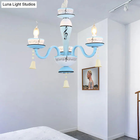 Childs Bedroom Candle Suspension Light: Musical Note Cartoon Glass Chandelier With Little Bell